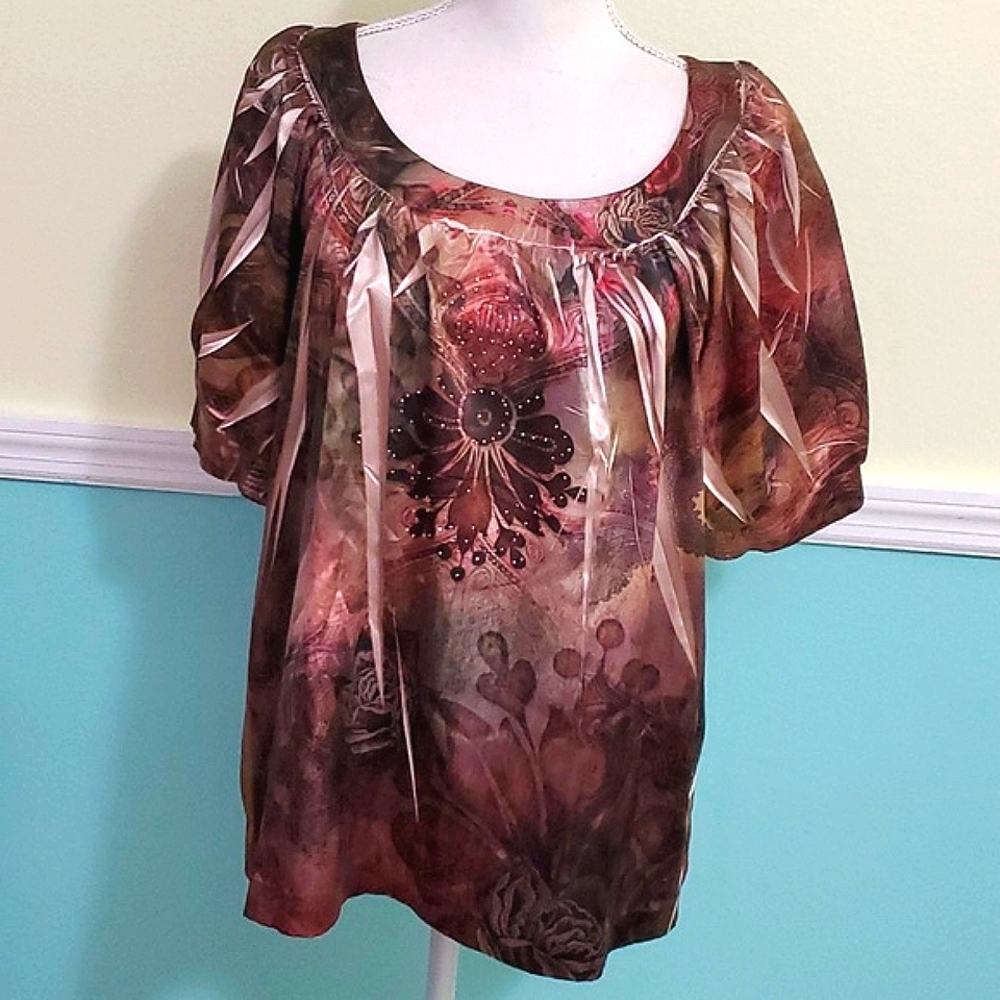 Lane Bryant Boho Browns Abstract Artsy Satin Sparkly Balloon Sleevee Top 14